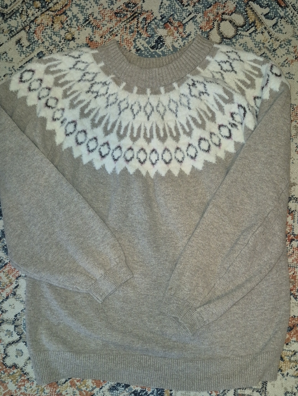 Maurices Taupe Crewneck Sweater with White Fair Isle Yoke